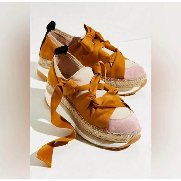 Free People Shoes - Free People Chapmin Espadrille Sneakers Womens 38/7.5 Pink Brown Bows Balletcore